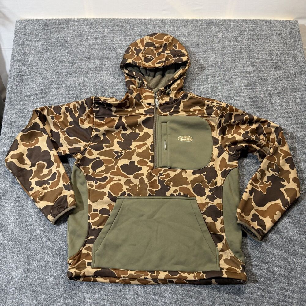 Drake Waterfowl Systems Mens L Camo Soft Shell Hoodie 1/4 Zip Hunting Jacket